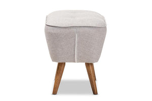 Baxton Studio Petronelle Mid-Century Modern Greyish Beige Fabric Upholstered Walnut Brown Finished Wood Ottoman