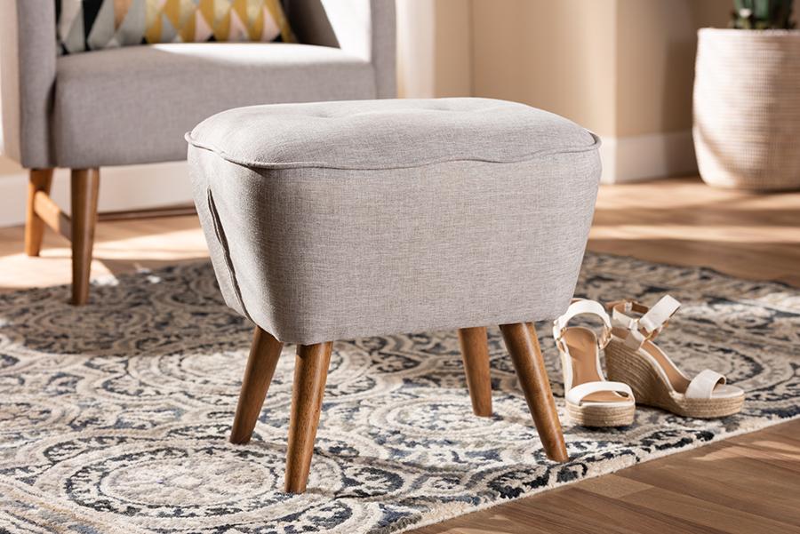 Baxton Studio Petronelle Mid-Century Modern Greyish Beige Fabric Upholstered Walnut Brown Finished Wood Ottoman