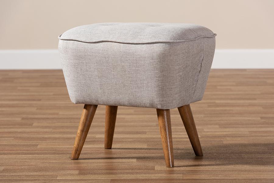 Baxton Studio Petronelle Mid-Century Modern Greyish Beige Fabric Upholstered Walnut Brown Finished Wood Ottoman