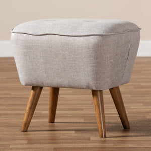 Baxton Studio Petronelle Mid-Century Modern Greyish Beige Fabric Upholstered Walnut Brown Finished Wood Ottoman