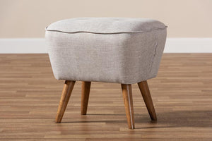 Baxton Studio Petronelle Mid-Century Modern Greyish Beige Fabric Upholstered Walnut Brown Finished Wood Ottoman