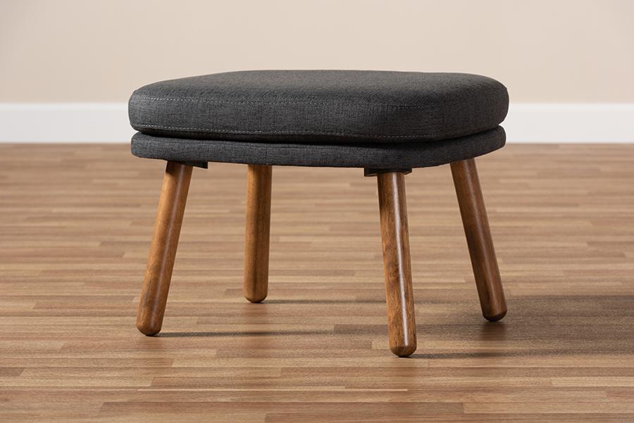 Baxton Studio Lovise Mid-Century Modern Dark Grey Fabric Upholstered Walnut Brown Finished Wood Ottoman