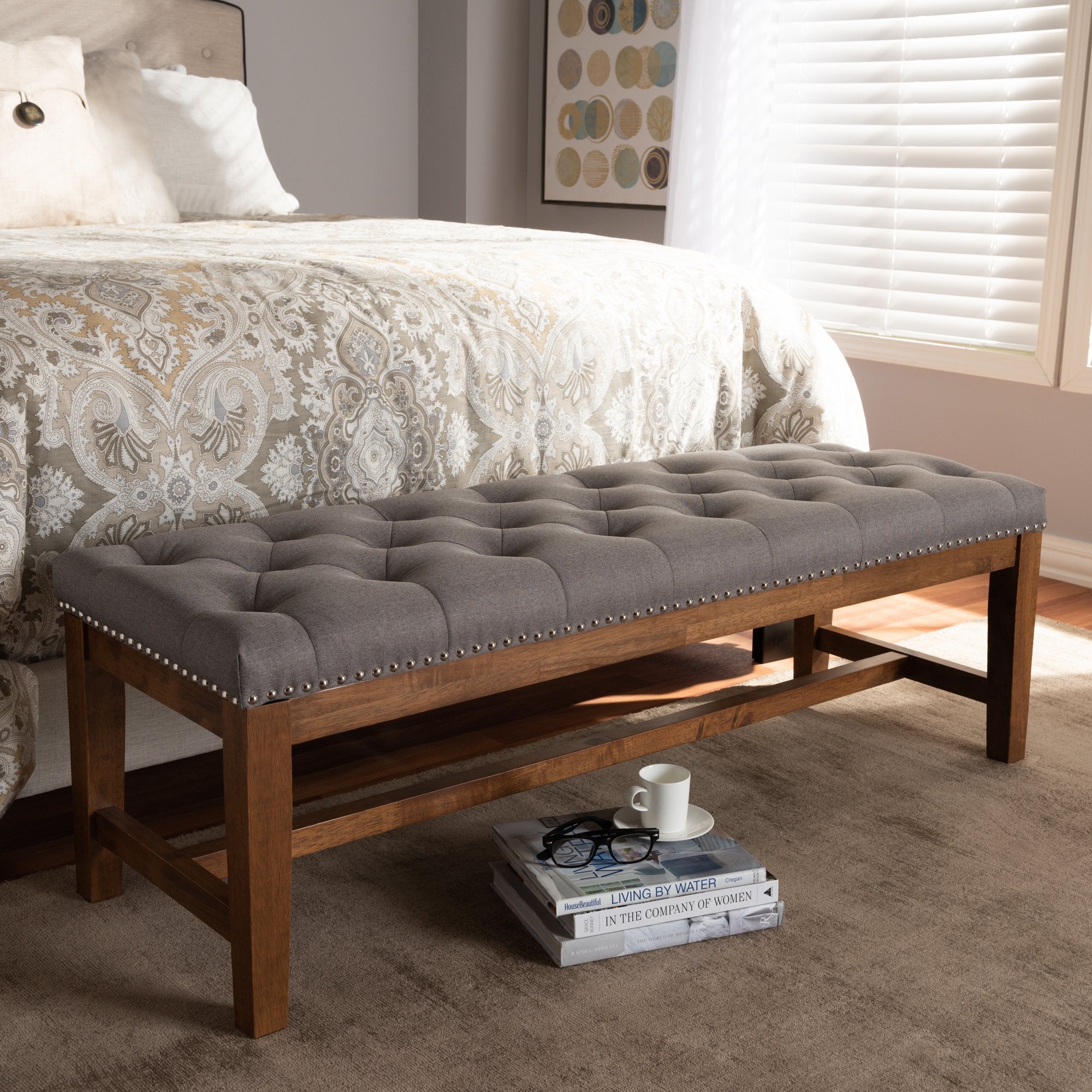 Baxton Studio Ainsley Modern and Contemporary Grey Fabric Upholstered Walnut Finished Solid Rubberwood Bench