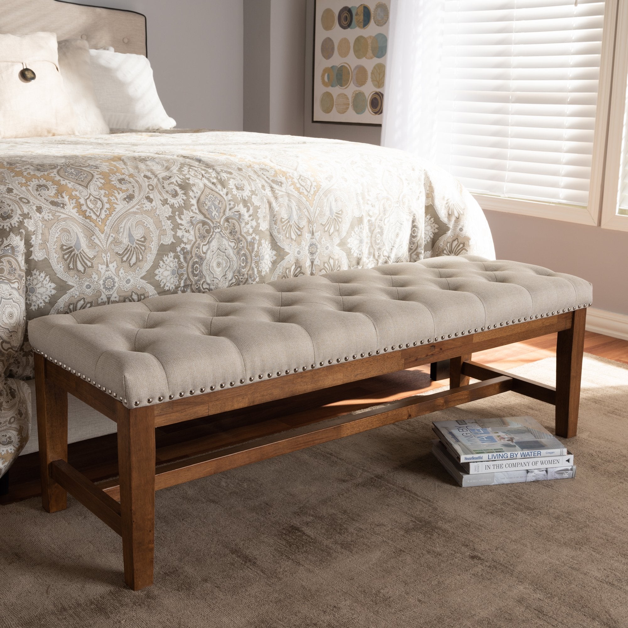 Baxton Studio Ainsley Modern and Contemporary Light Beige Fabric Upholstered Walnut Finished Solid Rubberwood Bench