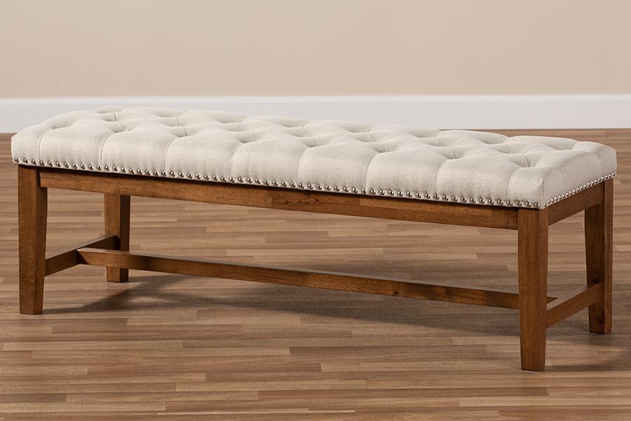 Baxton Studio Ainsley Modern and Contemporary Light Beige Fabric Upholstered Walnut Finished Solid Rubberwood Bench