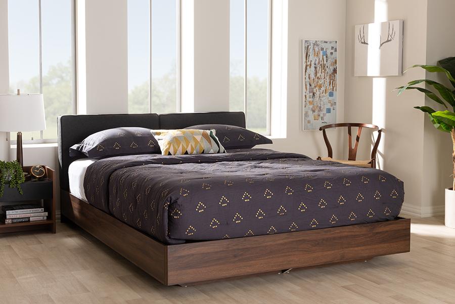 Baxton Studio Iselin Mid-Century Modern Brown Finished Dark Grey Fabric Upholstered Queen Sized Storage Platform Bed