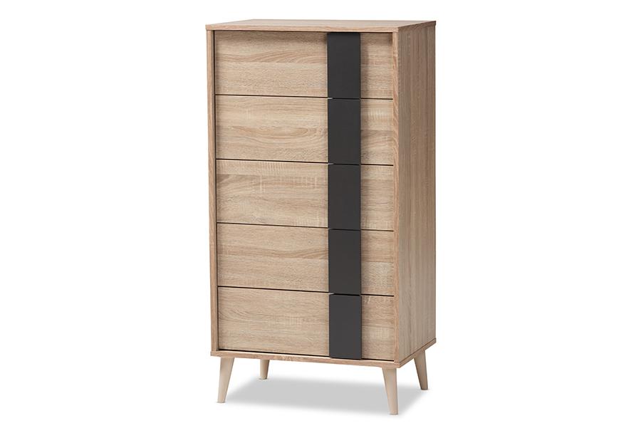 Baxton Studio Lisen Mid-Century Modern Light Oak and Grey 5-Drawer Chest