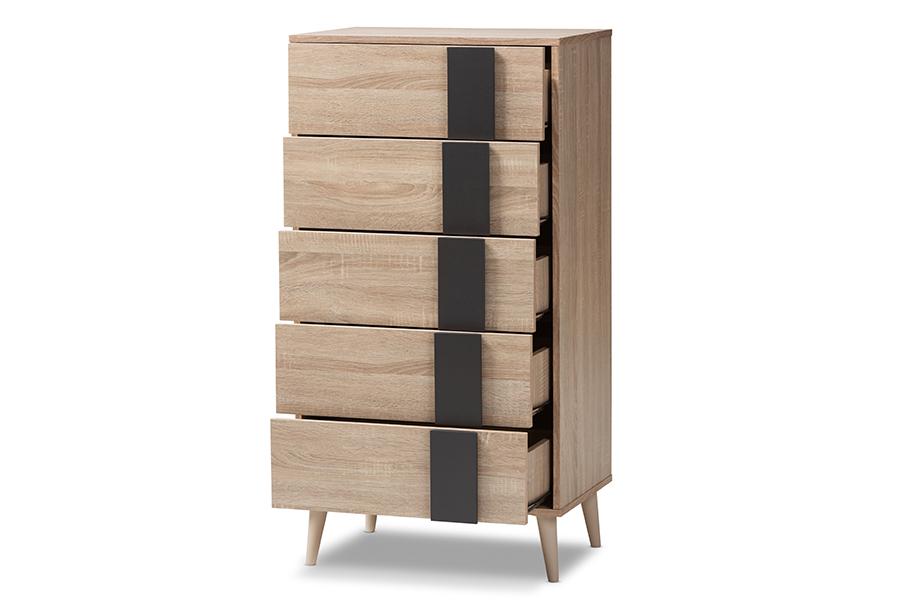 Baxton Studio Lisen Mid-Century Modern Light Oak and Grey 5-Drawer Chest