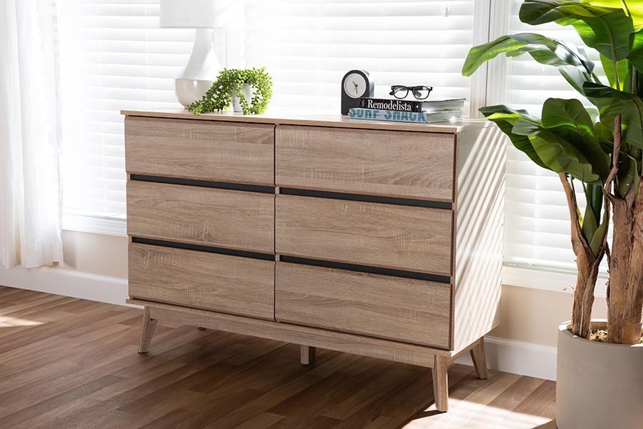 Baxton Studio Miren Mid-Century Modern Light Oak and Dark Grey 6-Drawer Dresser