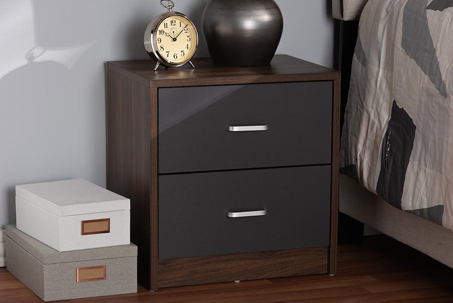 Baxton Studio Hansel Modern and Contemporary 2-Drawer Dark Brown and Dark Grey Finished Nightstand