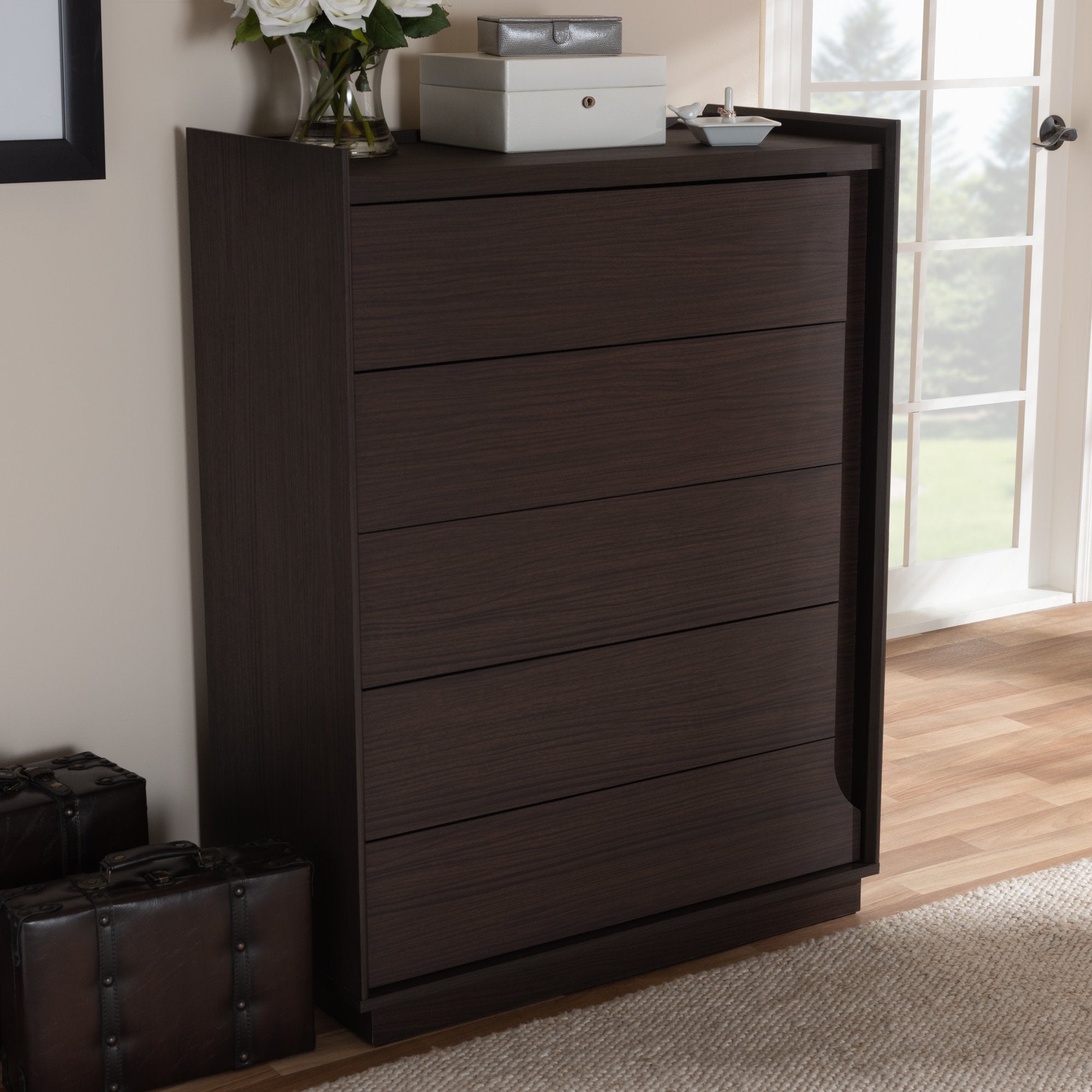 Baxton Studio Larsine Modern and Contemporary Brown Finished 5-Drawer Chest