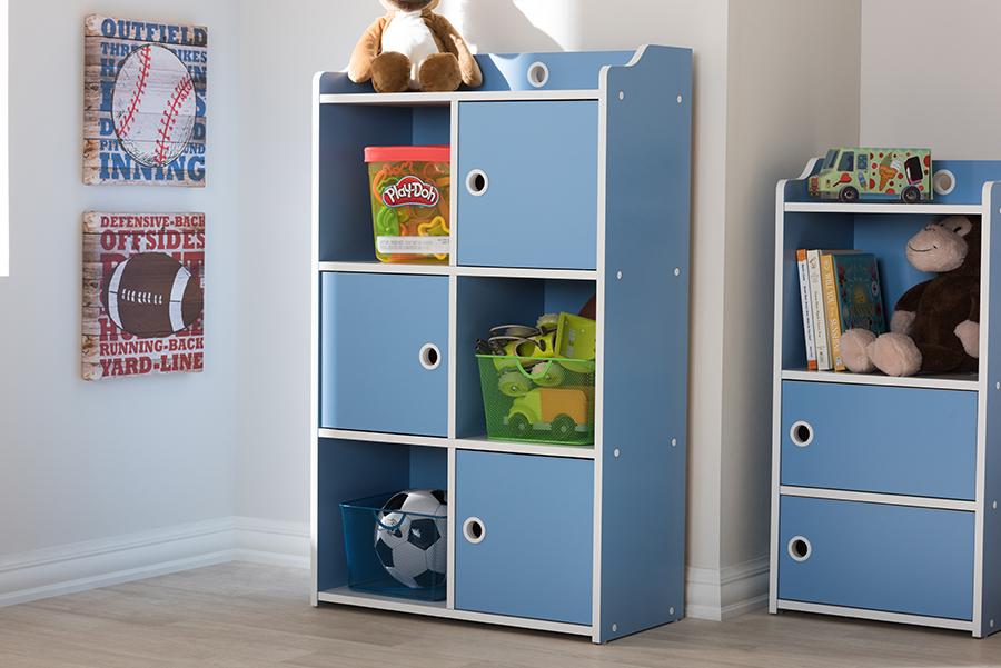 Baxton Studio Aeluin Contemporary Children's Blue and White Finished 3-Door Bookcase