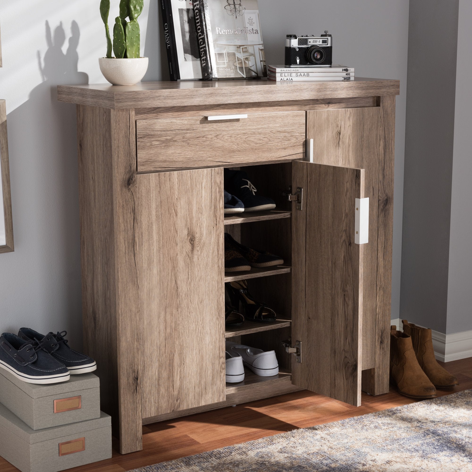 Baxton Studio Laverne Modern and Contemporary Oak Brown Finished Shoe Cabinet