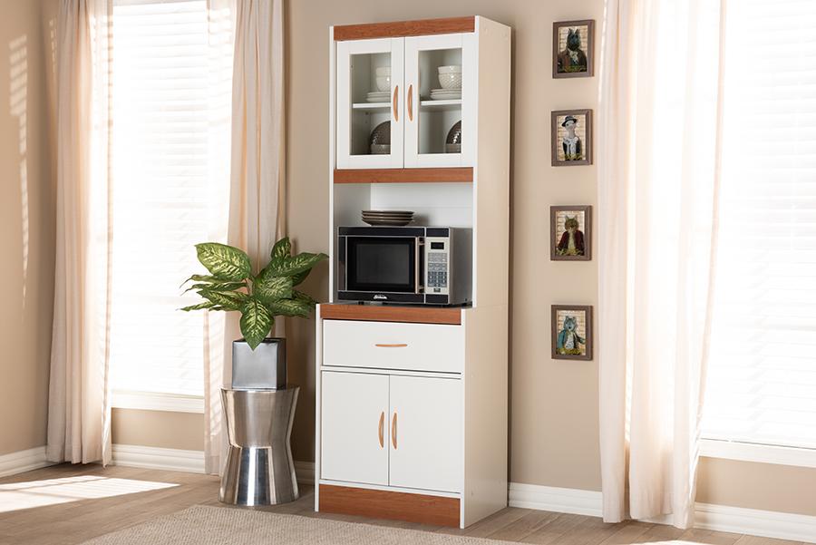 Baxton Studio Laurana Modern and Contemporary White and Cherry Finished Kitchen Cabinet and Hutch