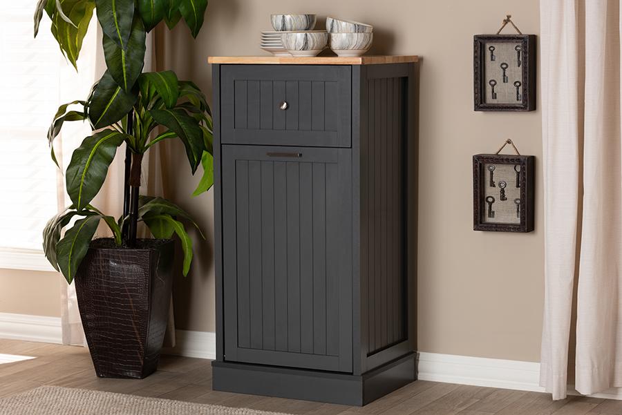 Baxton Studio Marcel Farmhouse and Coastal Dark Grey and Oak Brown Finished Kitchen Cabinet