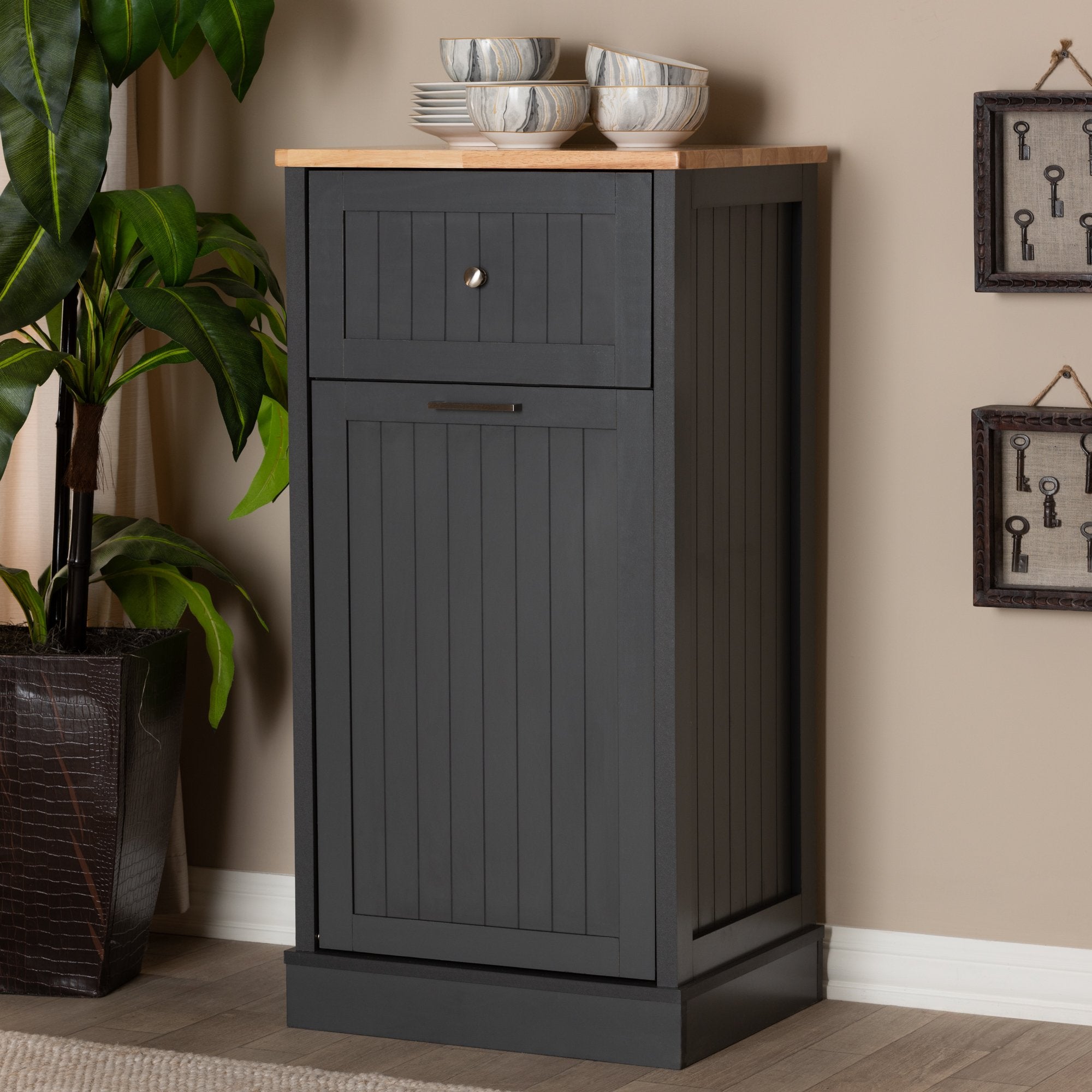 Baxton Studio Marcel Farmhouse and Coastal Dark Grey and Oak Brown Finished Kitchen Cabinet