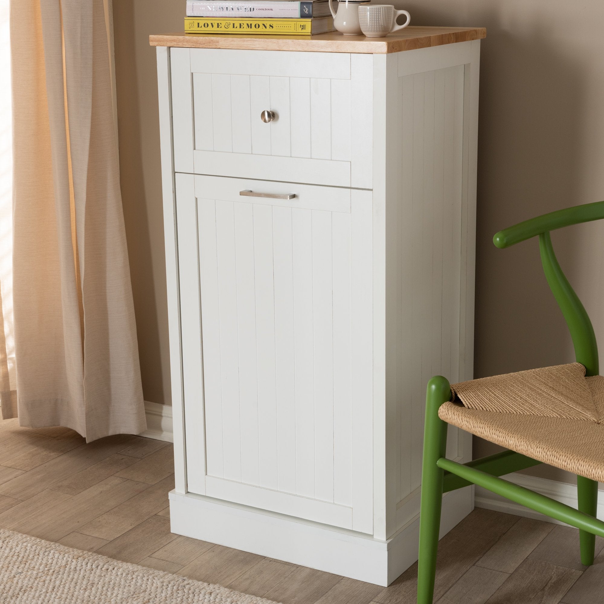 Baxton Studio Marcel Farmhouse and Coastal White and Oak Brown Finished Kitchen Cabinet