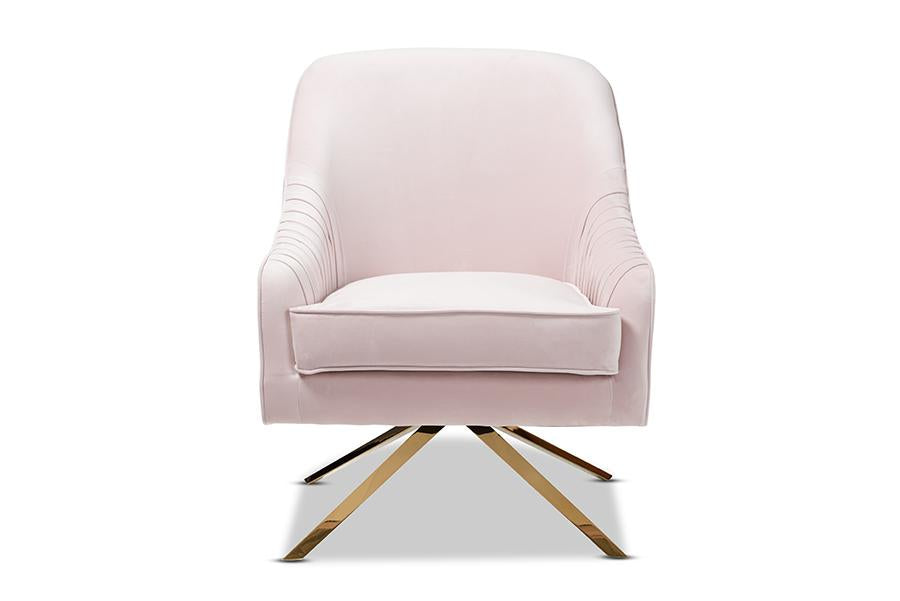 Baxton Studio Amaya Luxe and Glamour Light Pink Velvet Fabric Upholstered Gold Finished Base Lounge Chair