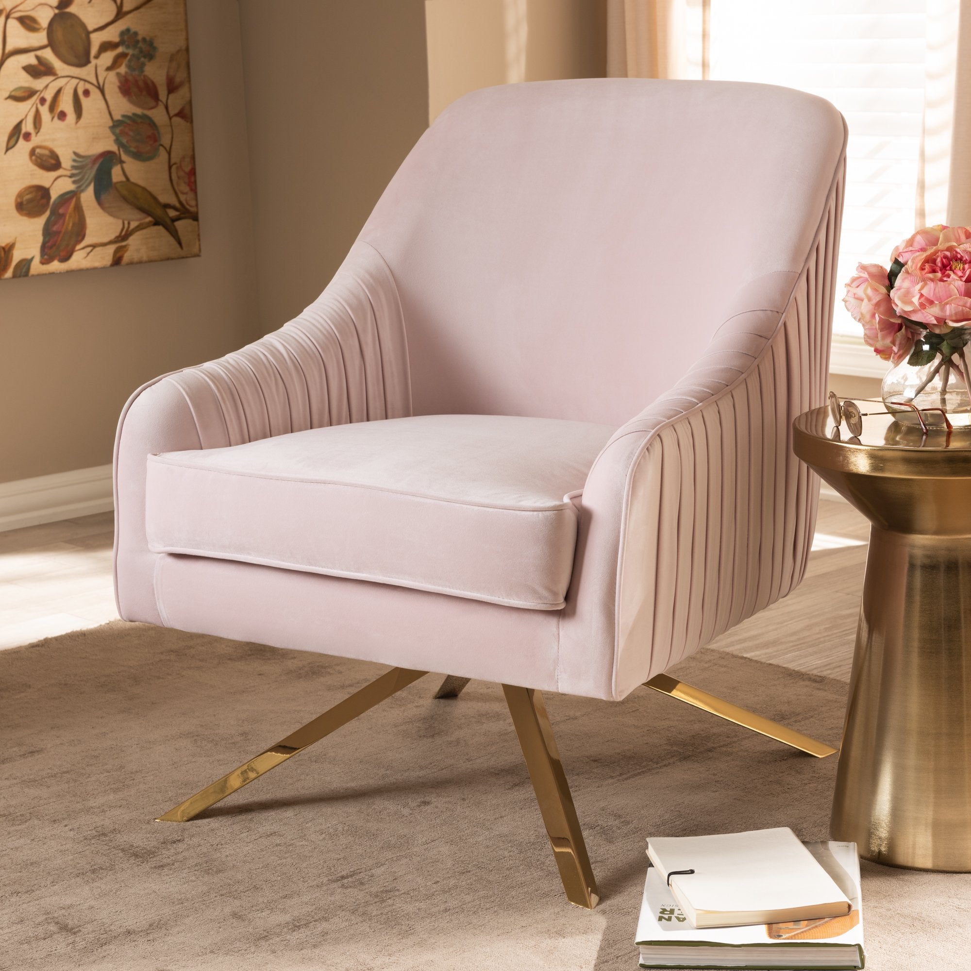 Baxton Studio Amaya Luxe and Glamour Light Pink Velvet Fabric Upholstered Gold Finished Base Lounge Chair