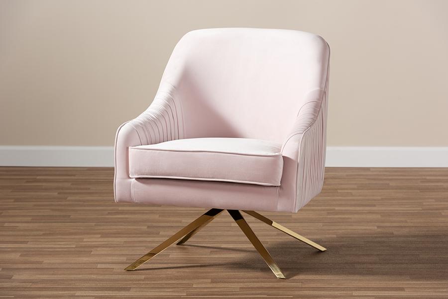 Baxton Studio Amaya Luxe and Glamour Light Pink Velvet Fabric Upholstered Gold Finished Base Lounge Chair