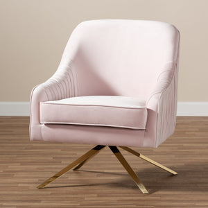 Baxton Studio Amaya Luxe and Glamour Light Pink Velvet Fabric Upholstered Gold Finished Base Lounge Chair