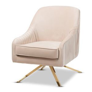 Baxton Studio Amaya Luxe and Glamour Light Beige Velvet Fabric Upholstered Gold Finished Base Lounge Chair