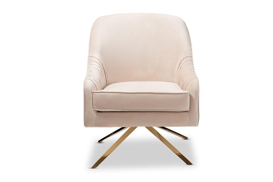 Baxton Studio Amaya Luxe and Glamour Light Beige Velvet Fabric Upholstered Gold Finished Base Lounge Chair