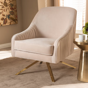 Baxton Studio Amaya Luxe and Glamour Light Beige Velvet Fabric Upholstered Gold Finished Base Lounge Chair