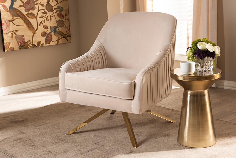 Baxton Studio Amaya Luxe and Glamour Light Beige Velvet Fabric Upholstered Gold Finished Base Lounge Chair