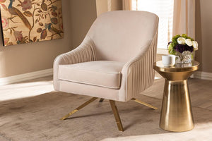 Baxton Studio Amaya Luxe and Glamour Light Beige Velvet Fabric Upholstered Gold Finished Base Lounge Chair