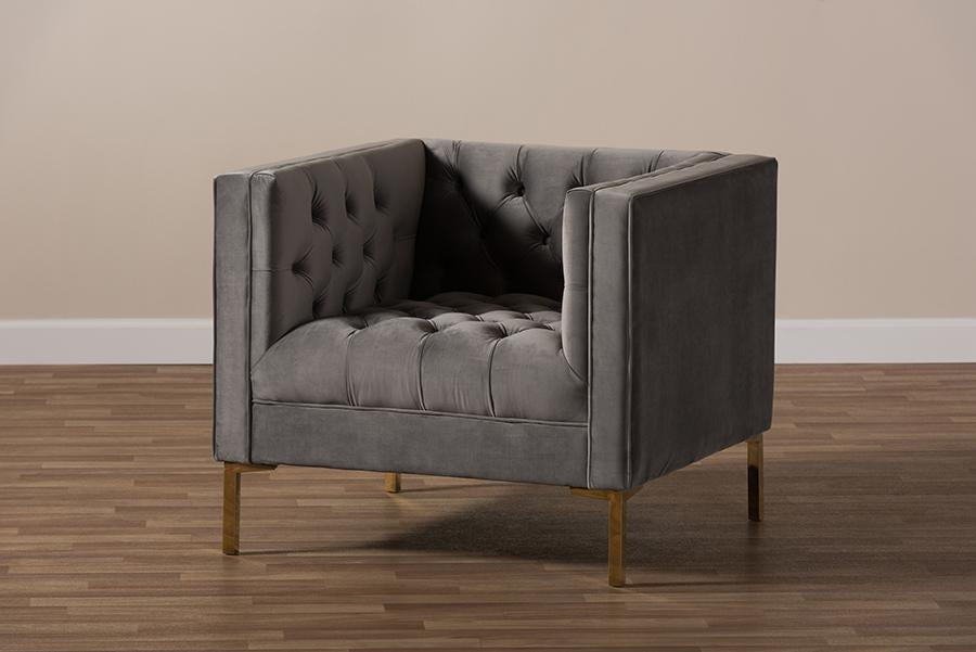 Baxton Studio Zanetta Luxe and Glamour Grey Velvet Upholstered Gold Finished Lounge Chair