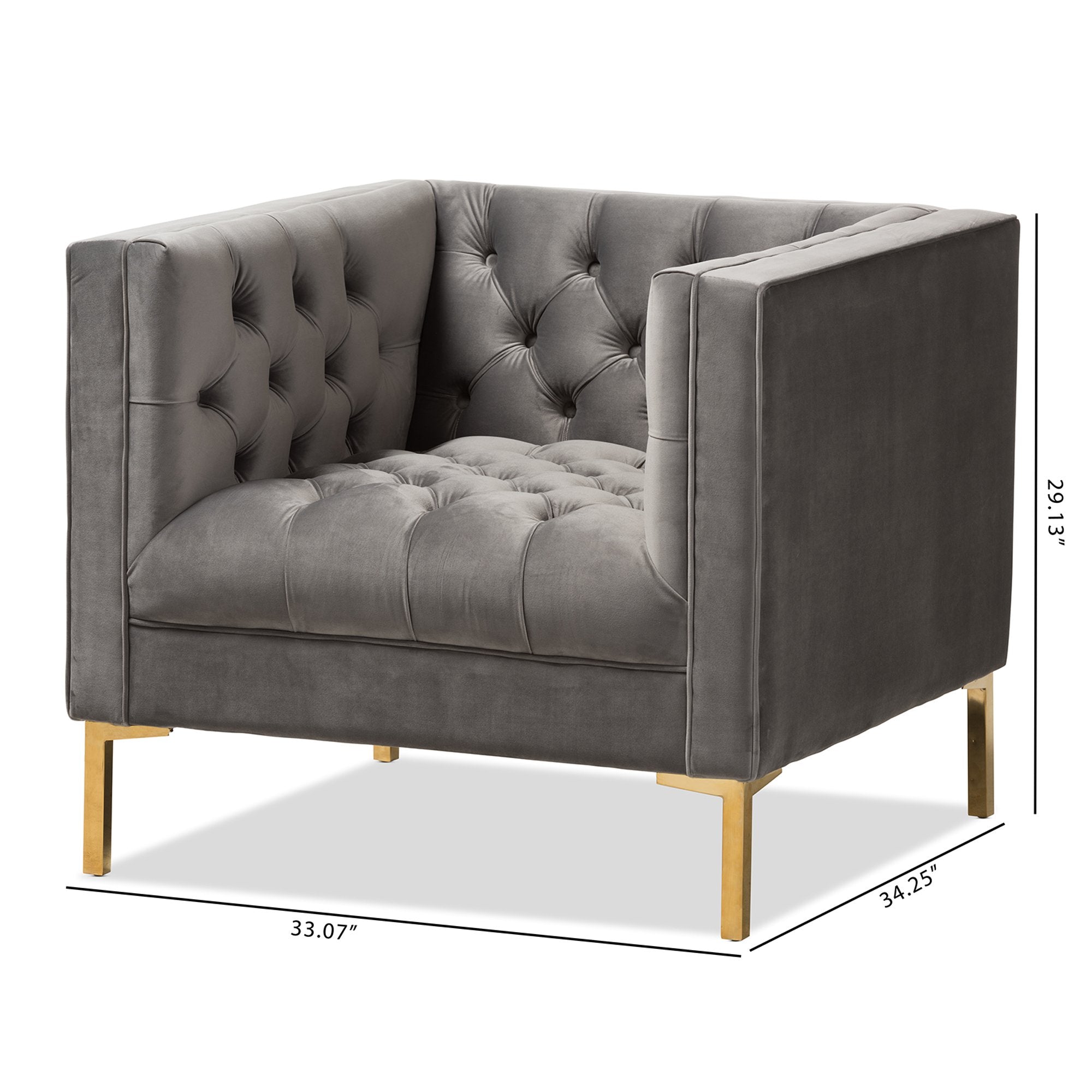 Baxton Studio Zanetta Luxe and Glamour Grey Velvet Upholstered Gold Finished Lounge Chair