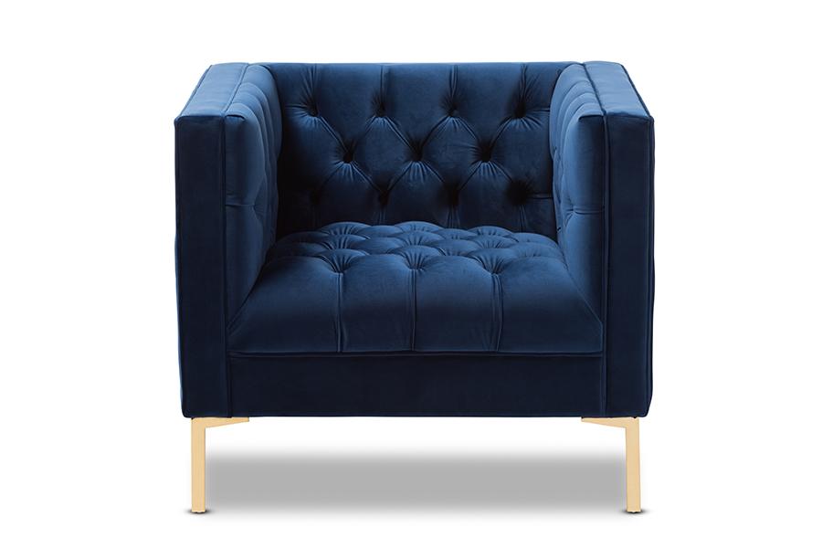 Baxton Studio Zanetta Luxe and Glamour Navy Velvet Upholstered Gold Finished Lounge Chair