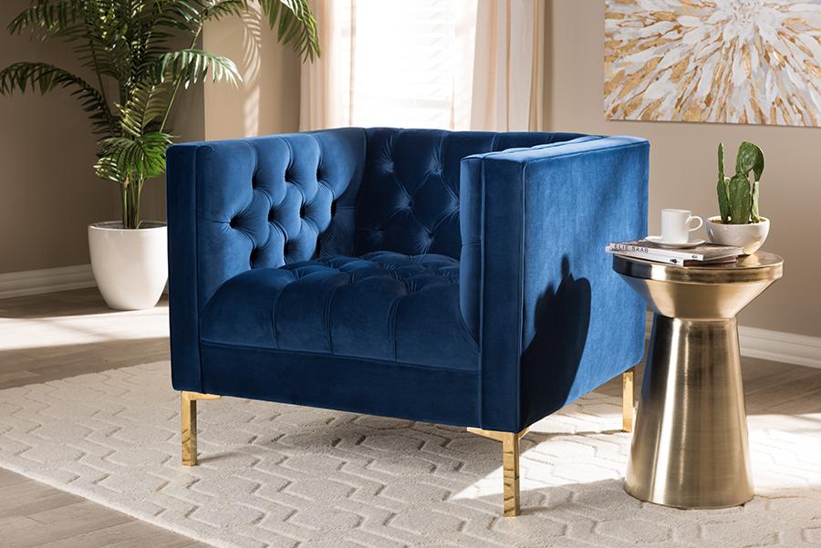 Baxton Studio Zanetta Luxe and Glamour Navy Velvet Upholstered Gold Finished Lounge Chair