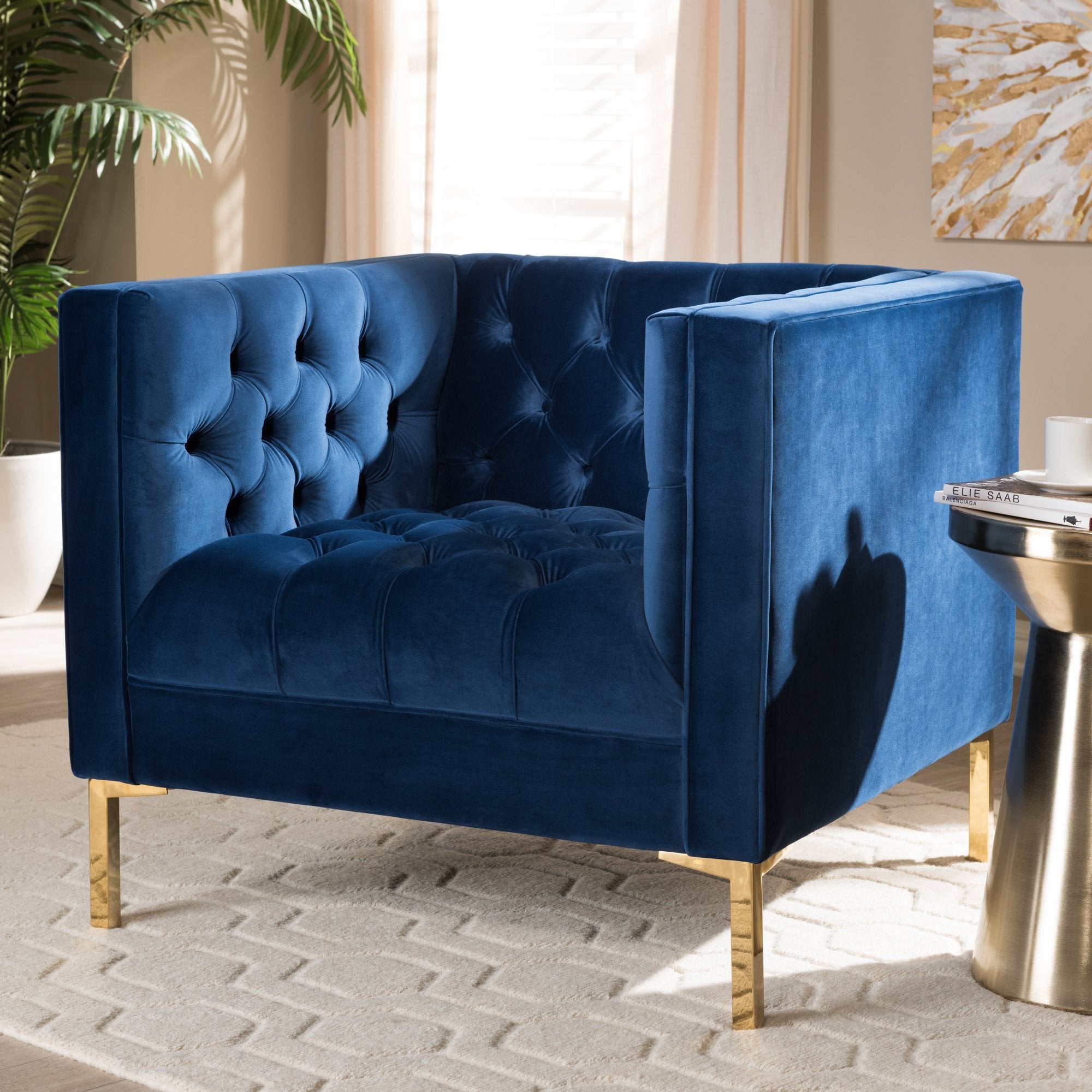 Baxton Studio Zanetta Luxe and Glamour Navy Velvet Upholstered Gold Finished Lounge Chair