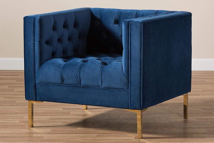 Baxton Studio Zanetta Luxe and Glamour Navy Velvet Upholstered Gold Finished Lounge Chair