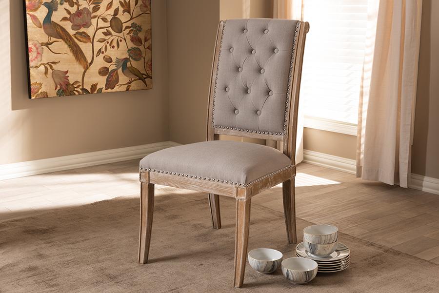 Baxton Studio Charmant French Provincial Beige Fabric Upholstered Weathered Oak Finished Wood Dining Chair