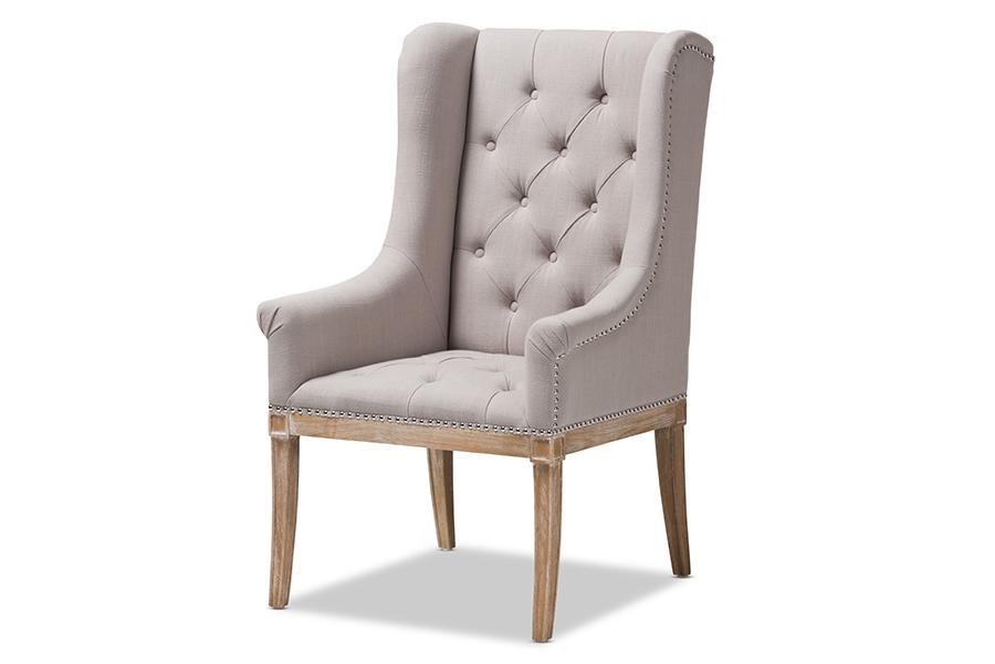 Baxton Studio Cedulie French Provincial Beige Fabric Upholstered Whitewashed Oak Lounge Chair