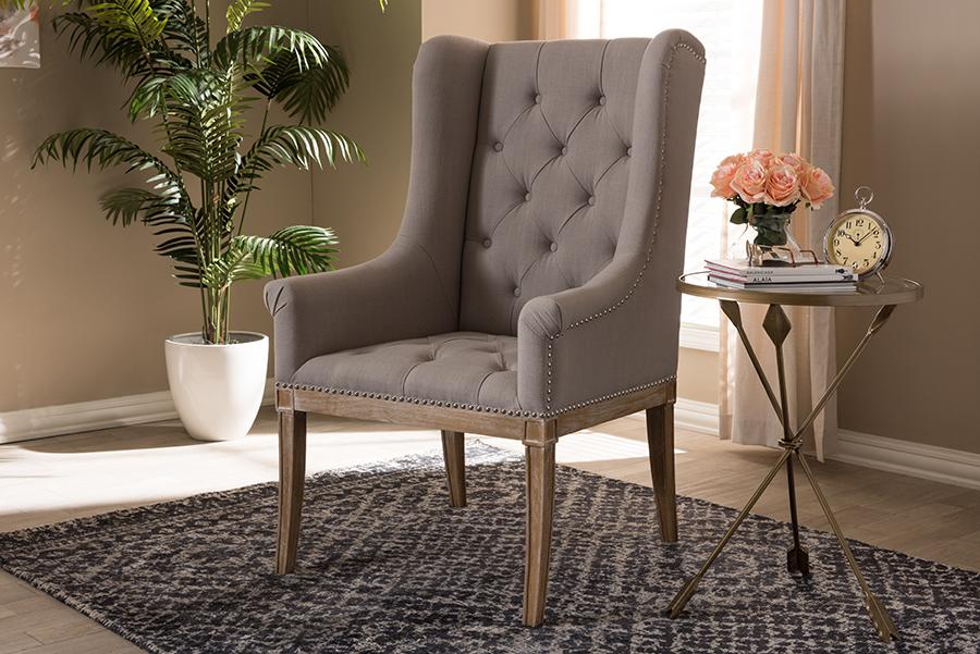 Baxton Studio Cedulie French Provincial Beige Fabric Upholstered Whitewashed Oak Lounge Chair