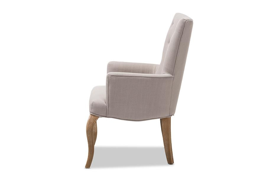 Baxton Studio Clotille French Provincial Beige Fabric Upholstered Whitewashed Oak Lounge Chair