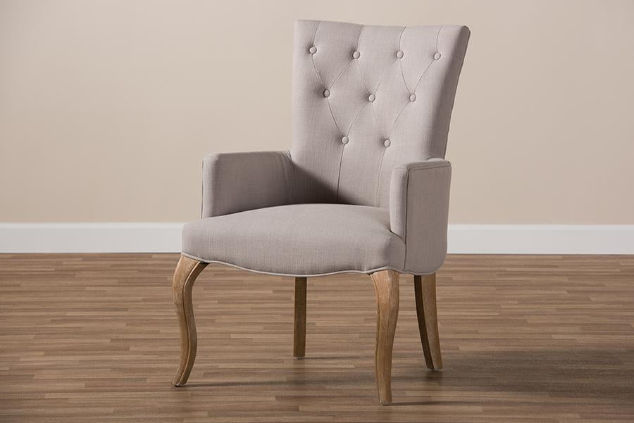 Baxton Studio Clotille French Provincial Beige Fabric Upholstered Whitewashed Oak Lounge Chair