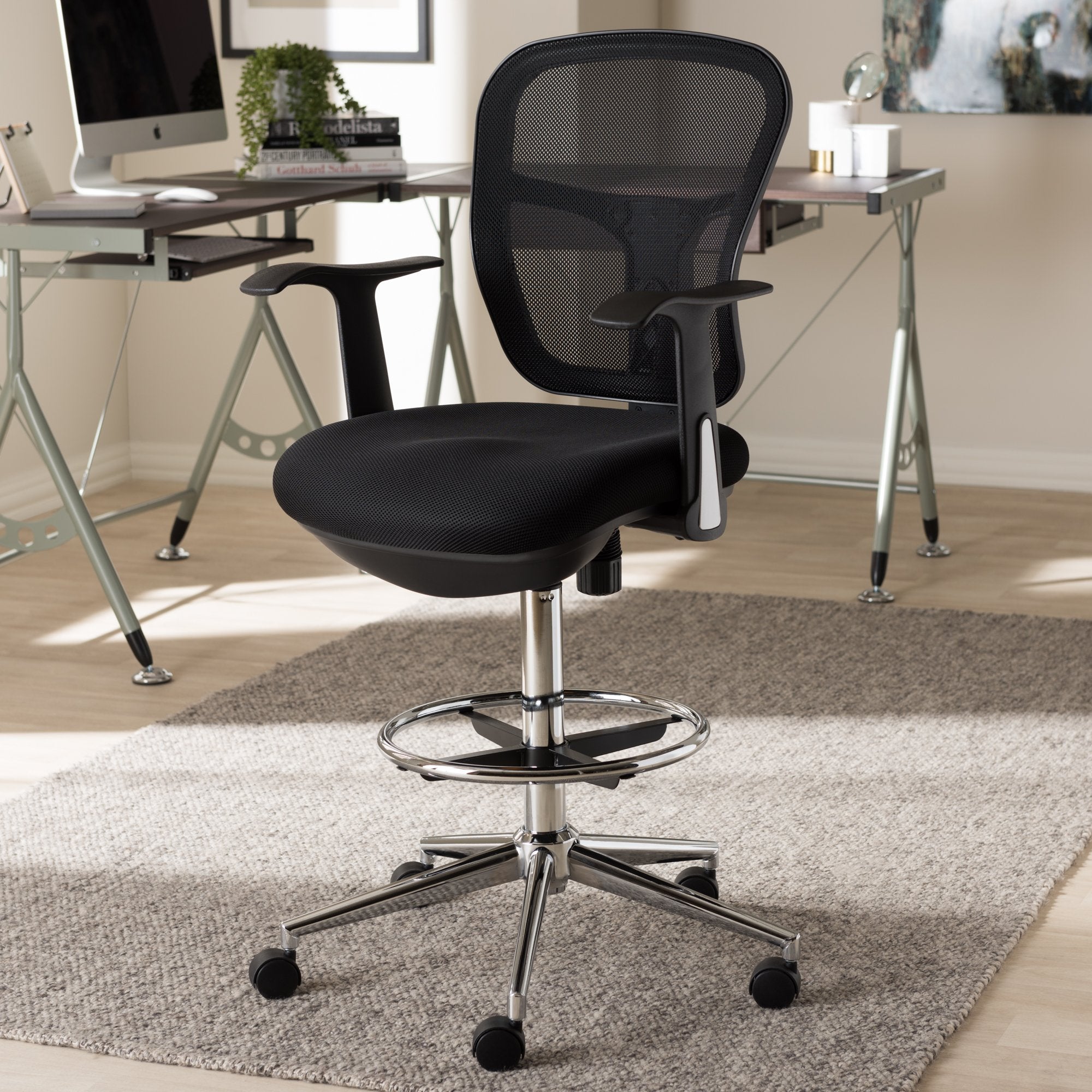 Baxton Studio Landon Modern and Contemporary and Contemporary Black Mesh Adjustable Height Drafting Stool Chair