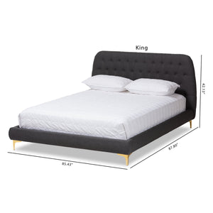 Baxton Studio Ingrid Glam and Luxe Dark Grey Fabric Upholstered Gold Finished Legs King Size Platform Bed