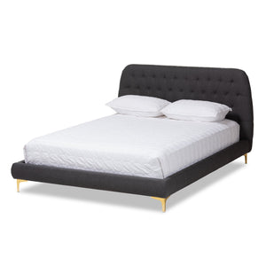 Baxton Studio Ingrid Glam and Luxe Dark Grey Fabric Upholstered Gold Finished Legs Queen Size Platform Bed