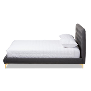 Baxton Studio Ingrid Glam and Luxe Dark Grey Fabric Upholstered Gold Finished Legs Queen Size Platform Bed