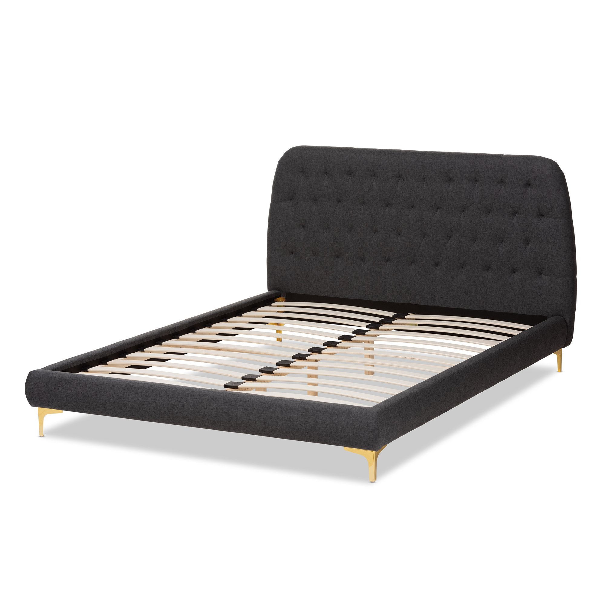 Baxton Studio Ingrid Glam and Luxe Dark Grey Fabric Upholstered Gold Finished Legs Full Size Platform Bed