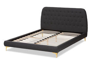 Baxton Studio Ingrid Glam and Luxe Dark Grey Fabric Upholstered Gold Finished Legs Full Size Platform Bed