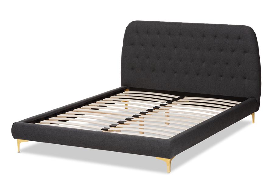 Baxton Studio Ingrid Glam and Luxe Dark Grey Fabric Upholstered Gold Finished Legs King Size Platform Bed