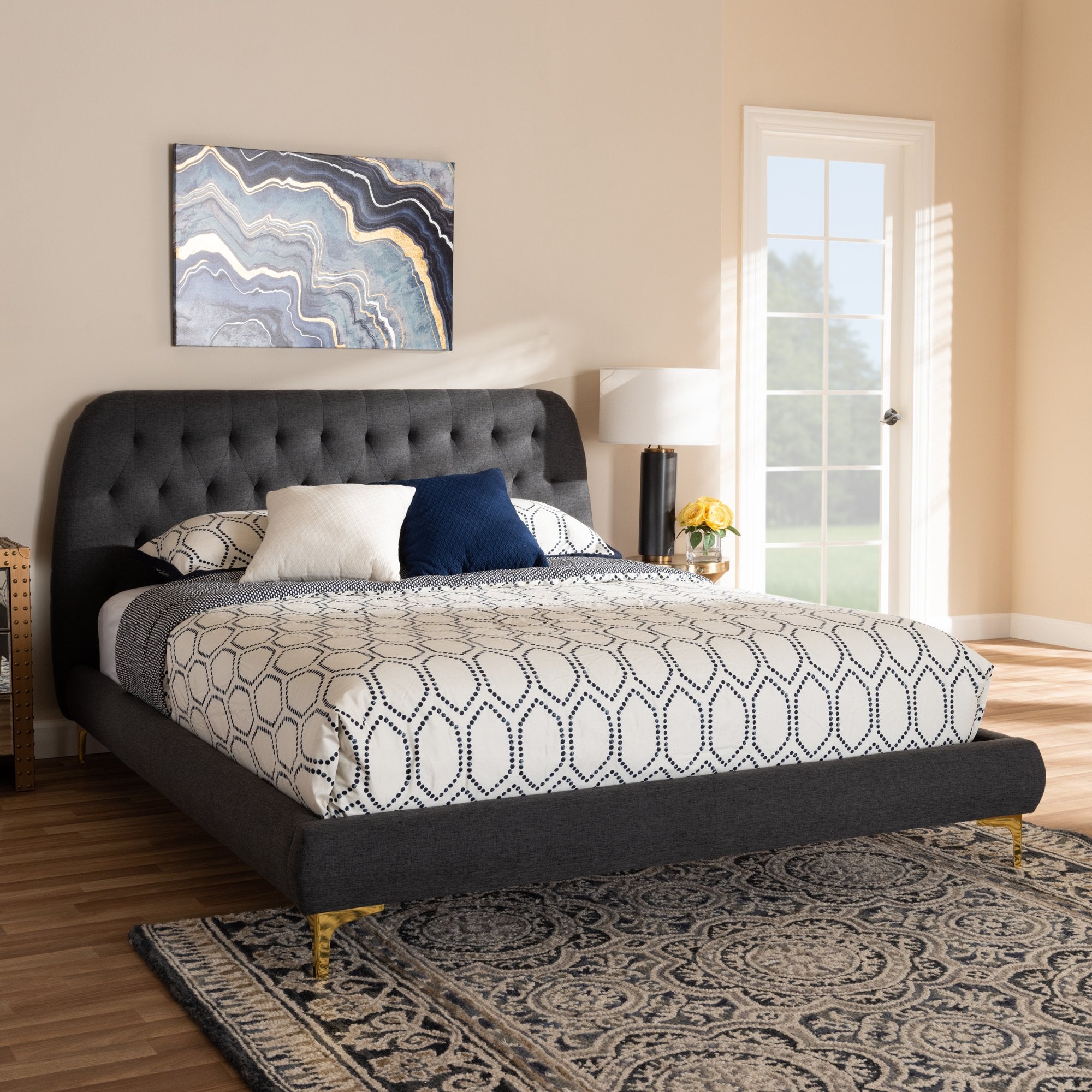 Baxton Studio Ingrid Glam and Luxe Dark Grey Fabric Upholstered Gold Finished Legs Queen Size Platform Bed