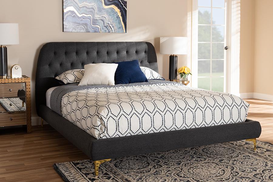 Baxton Studio Ingrid Glam and Luxe Dark Grey Fabric Upholstered Gold Finished Legs Full Size Platform Bed